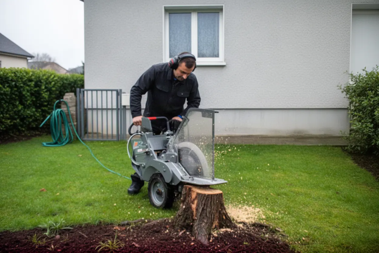 Rogneuse retirant une souche dans un jardin clos à Riom