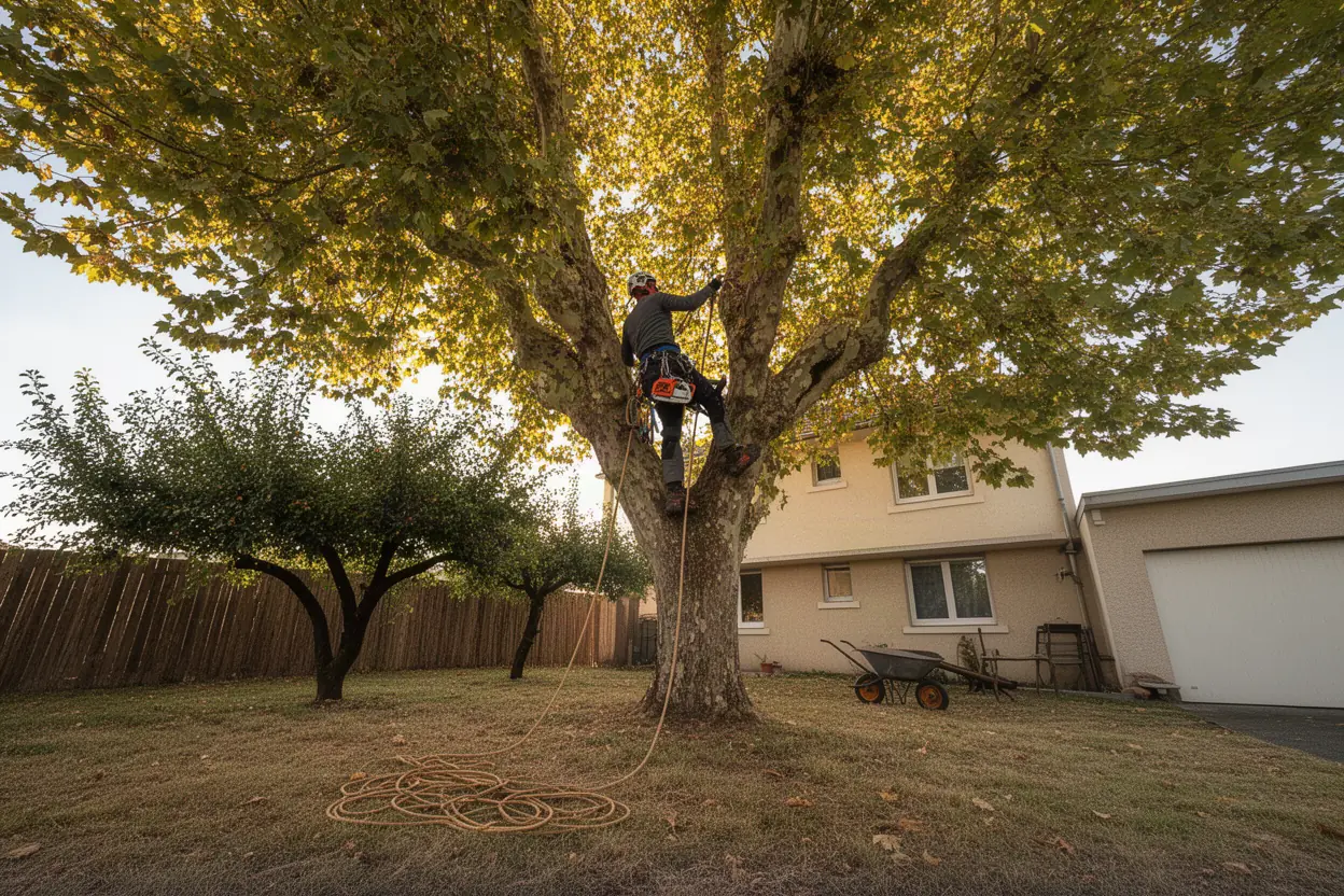 Élagueur grimpeur travaillant dans la cime d'un arbre à Riom