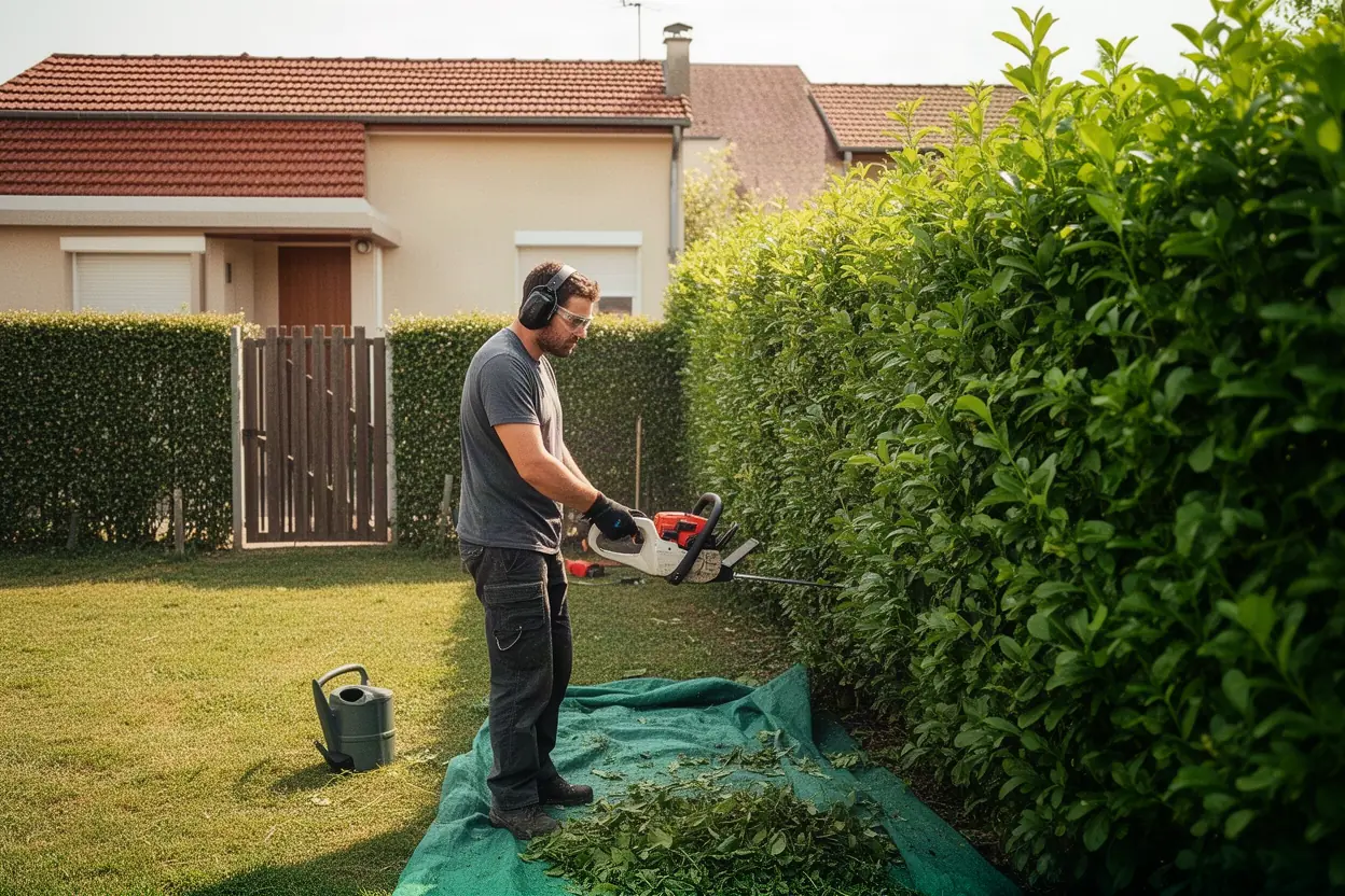 Jardinier taillant une haie dense dans un jardin à Riom